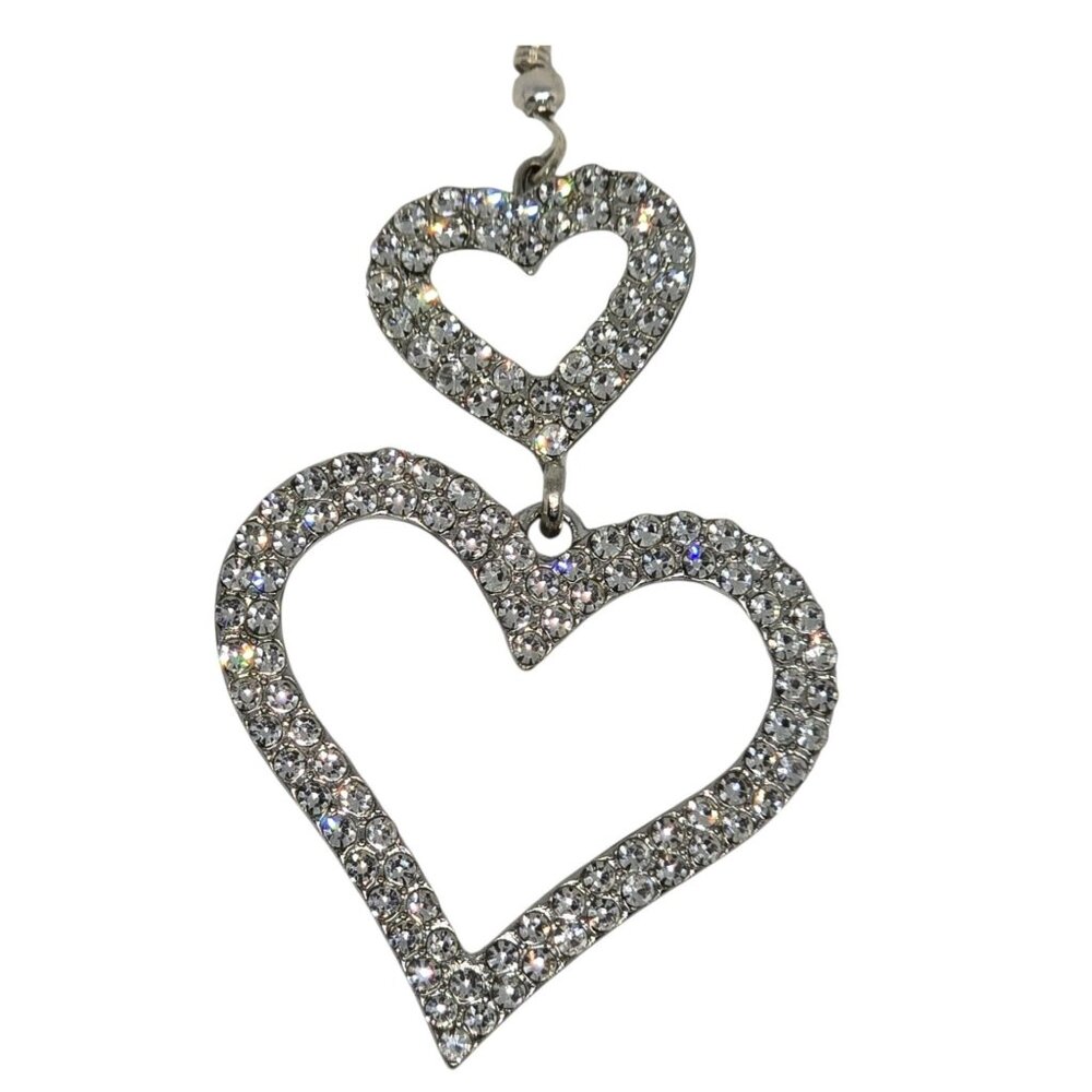 Sparkling Crystal Double Heart Drop Earrings Vintage Style Silver-Tone Openwork - Picture 3 of 6
